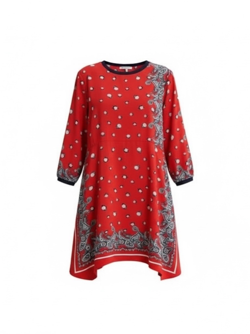 Zara Red Paisley-Trim Long Sleeve A-Line Dress